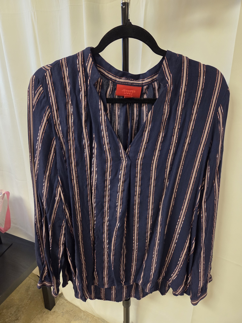 Jennifer Lopez Navy V-Neck Long Sleeve Stripe Blouse with Pink Accents